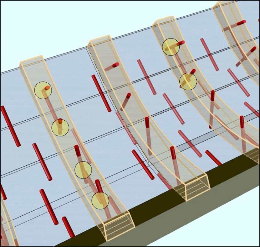 Skema pemasangan pasak yang tidak menggunakan tatta: Pasak antar papan dapat berbenturan dengan pasak yang menahan gading-gading.