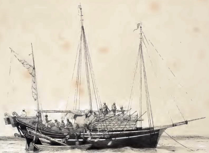 Perahu toop Melayu dengan haluan kapal 'Barat', geladak buritan yang meninggi dan kemudi samping, 1830-an; Paris, Francois Edmond 1843: gmbr. 82.